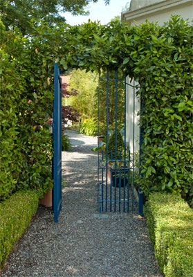 Gate detail and box hedging frames the view to the bright front garden