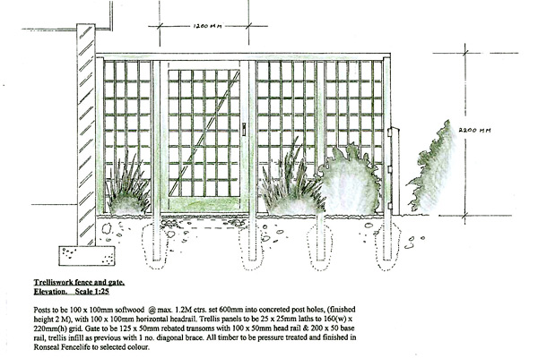 Technical drawing of a trellis and gate