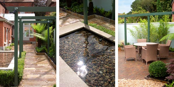 Low maintenance garden design with pergola, paving and water feature